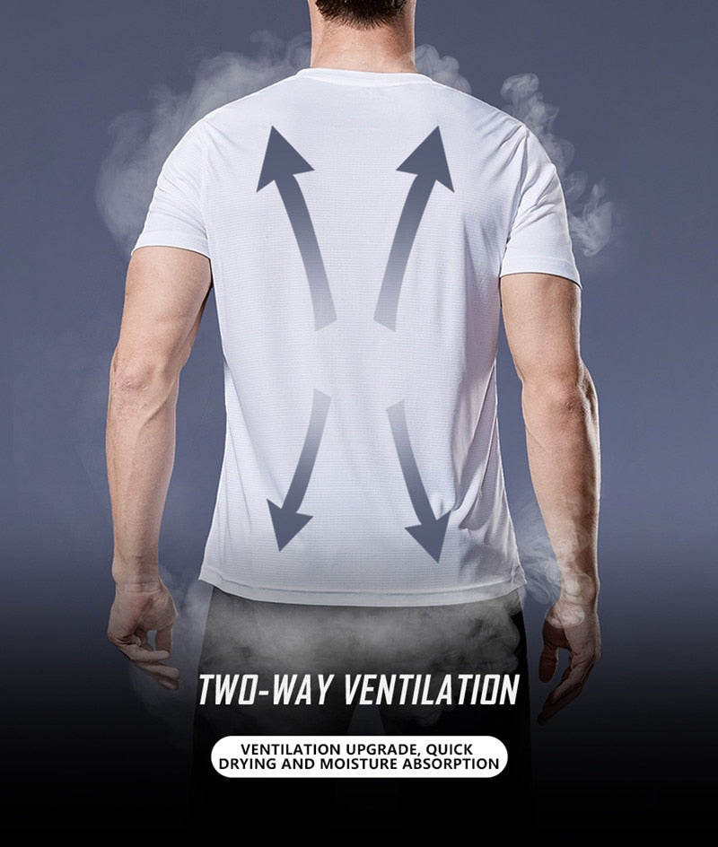 Men's multicolor short sleeve gym shirts. Quick drying, breathable sportswear
