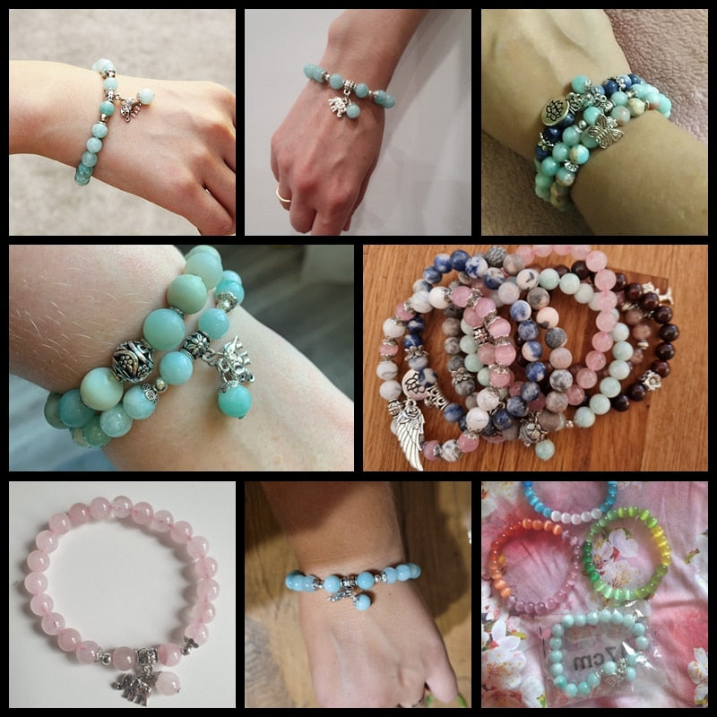 Ladies blue amazonite beaded bracelet with a metal elephant charm.