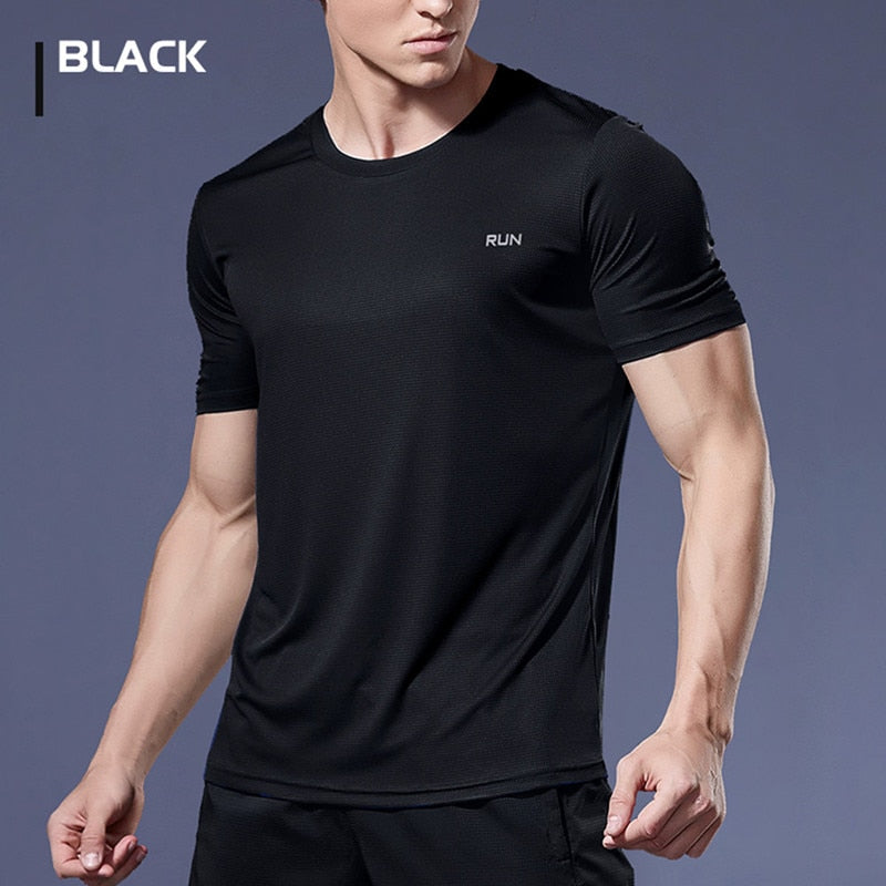 Men's multicolor short sleeve gym shirts. Quick drying, breathable sportswear