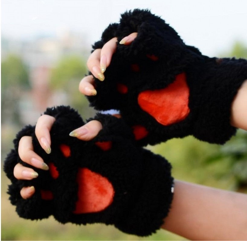 Winter Faux Fur Plush Warm Half Finger Mittens/Gloves.