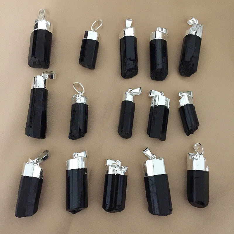 Natural Black Cylindrical Tourmaline Stone Energy Pendant