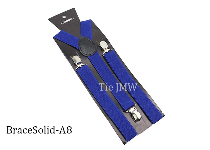 Leather Suspenders With Elastic Adjustable Straps.  Comes in a variety of solid Colors.