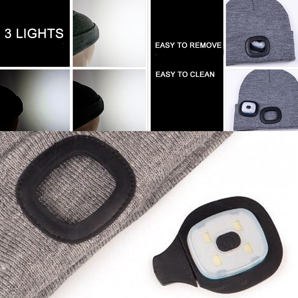 Unisex USB rechargeable warm beanie hat.  Great for night walking.