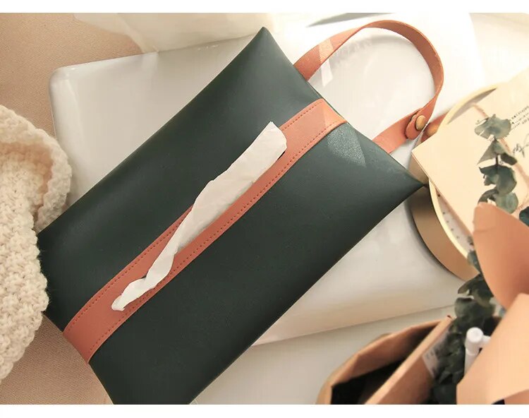 Leather Pu Tissue Bag With Strap For Easy Access In Your Car.