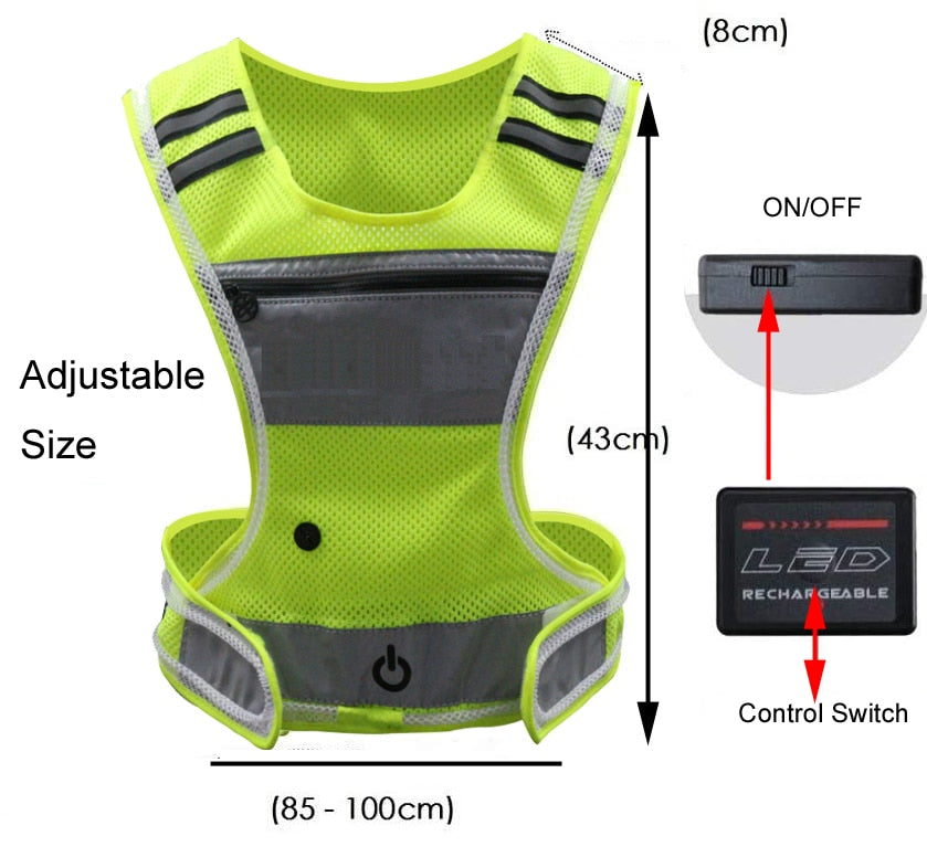 LED/USB Charging Reflective Vest With Adjustable Waist with Pouch For Running, Cycling and Walking.