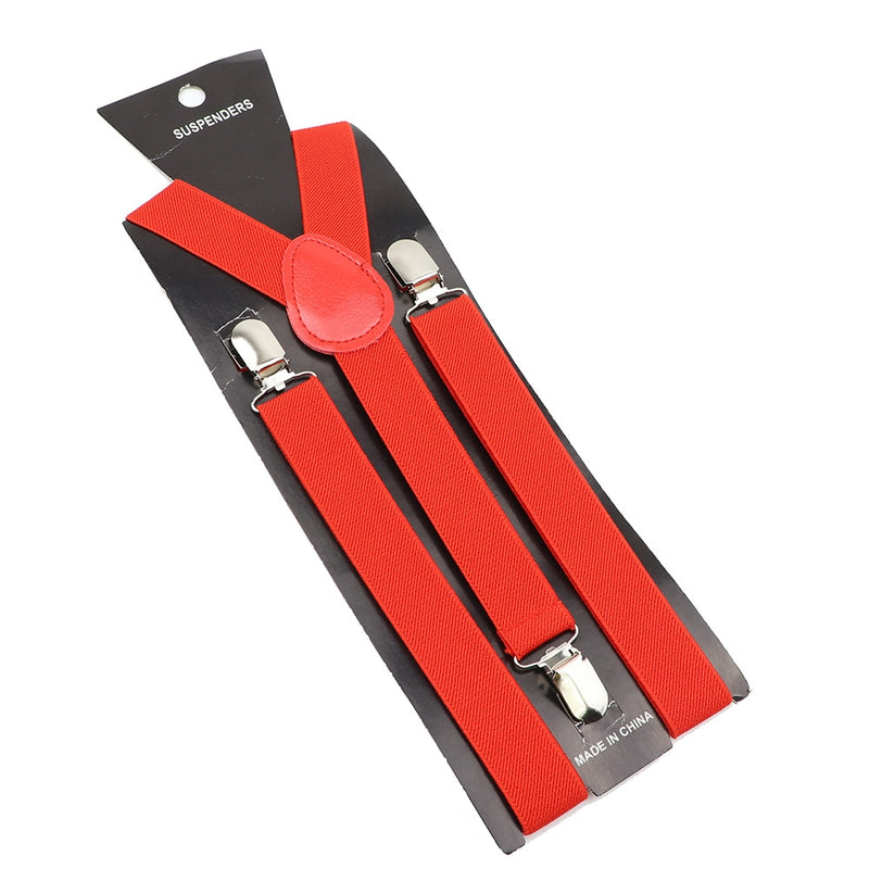 Leather Suspenders With Elastic Adjustable Straps.  Comes in a variety of solid Colors.