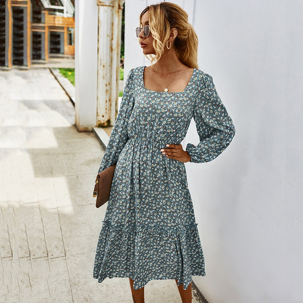 Elegant Ladies Long Sleeve Flower patterned Dress.