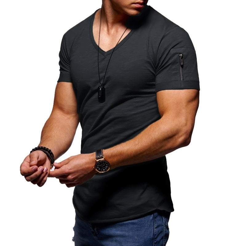 Men's fitness cotton V-neck t-shirt. short-sleeved with a zipper opening.