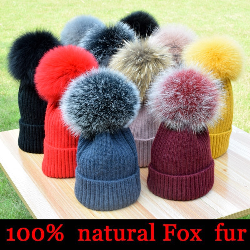 Wool/acrylic, fox fur pompom winter hats.