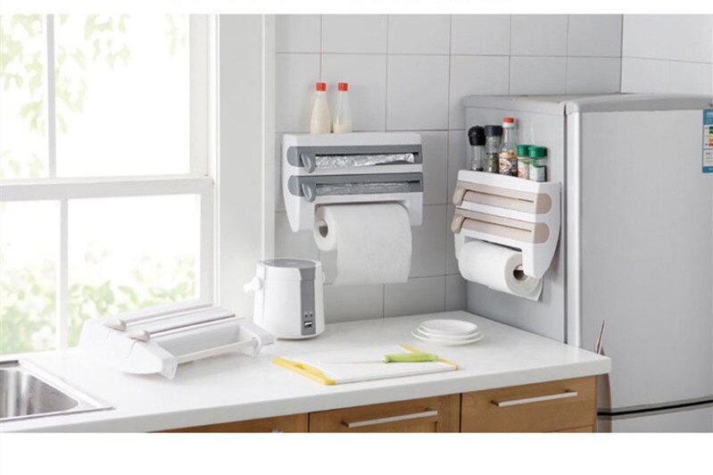 cutter Wall-Mount Paper Towel/Plastic Film Holder With A Shelf For Sauces OR Spices.