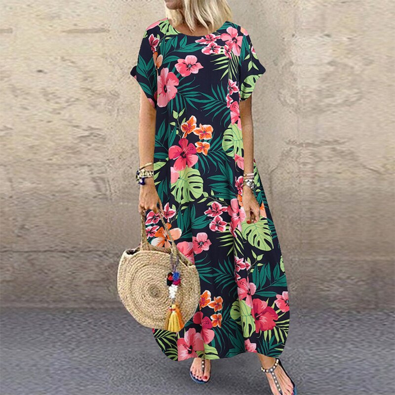 Women's ZANZEA Summer Bohemian Long, Short Sleeve Floral Print Sundress.