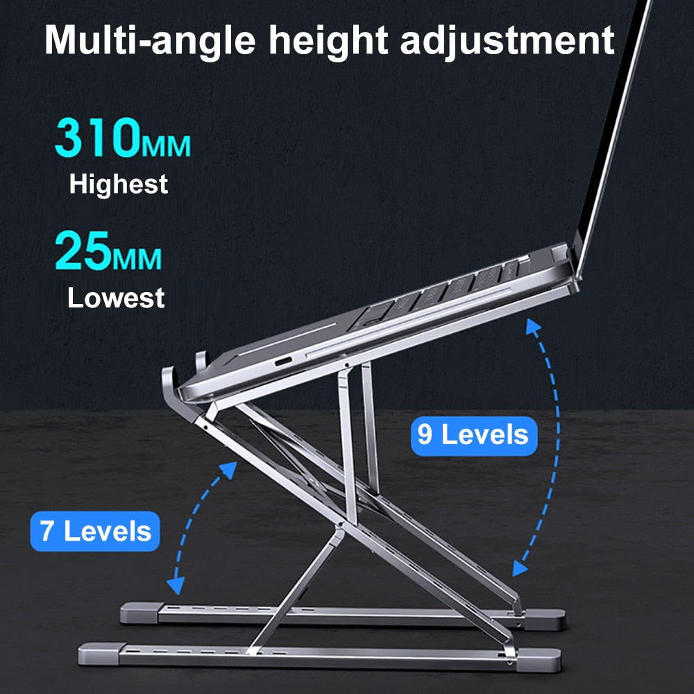 Adjustable Stand For All Notebook Computers. Silicone Anti slip Pads, Foldable With Height Adjustment.