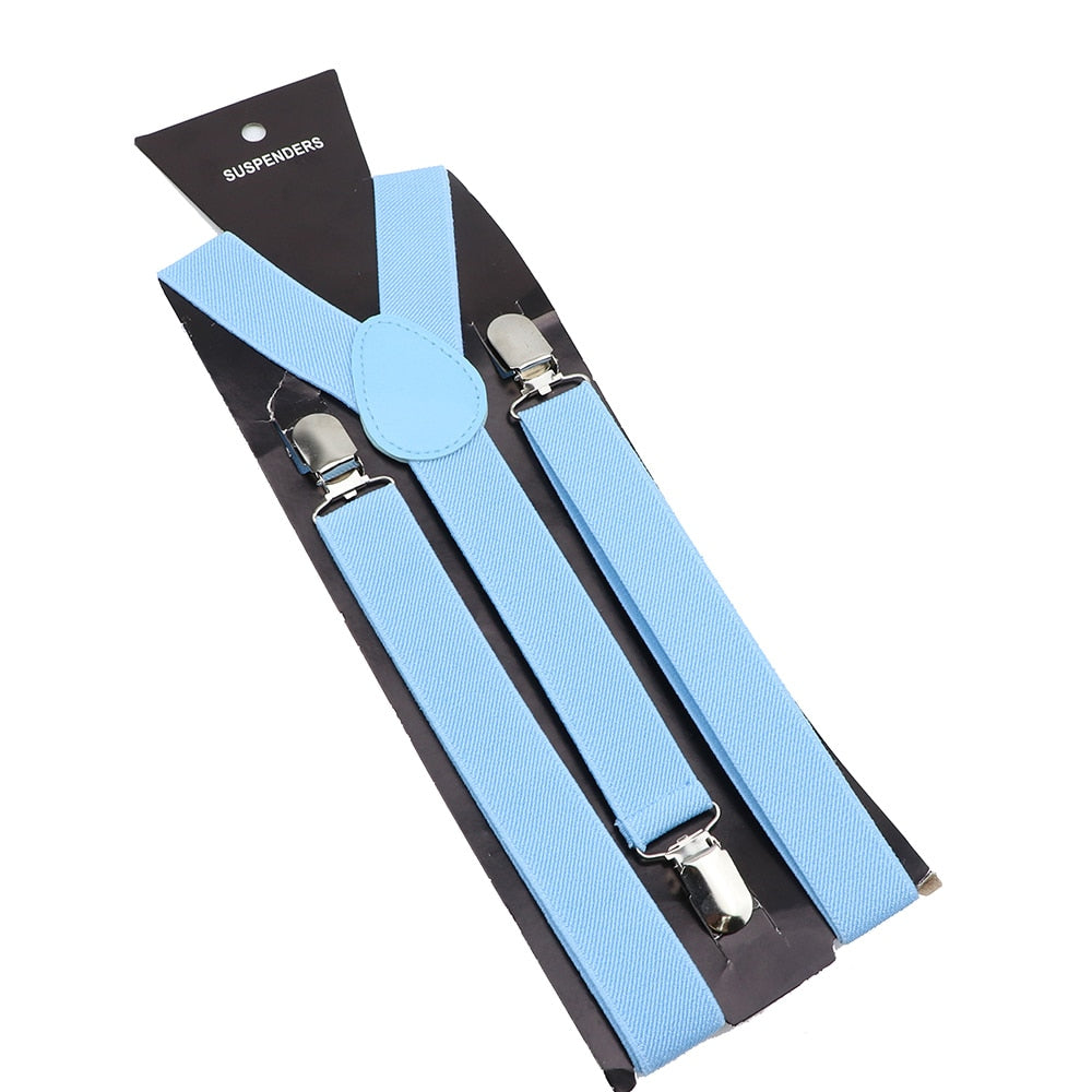 Leather Suspenders With Elastic Adjustable Straps.  Comes in a variety of solid Colors.