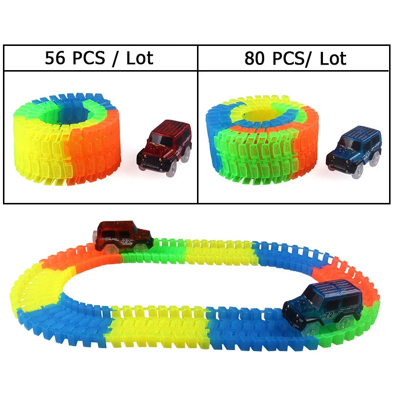 Flexible Glowing Race Track Set.  Amount Of Pieces And Number Of Cars Vary.