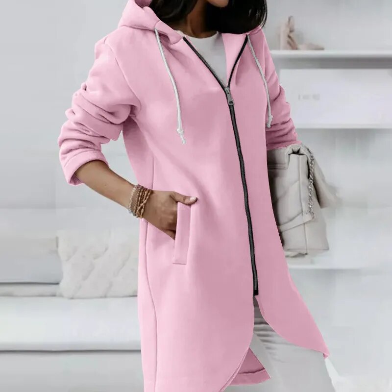 Women's Autumn Zipper Hooded Velvet Long Sweater.