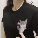 CLOOCL Men's and Women's vCotton Black T-shirt With Cat And Wine Pocket.