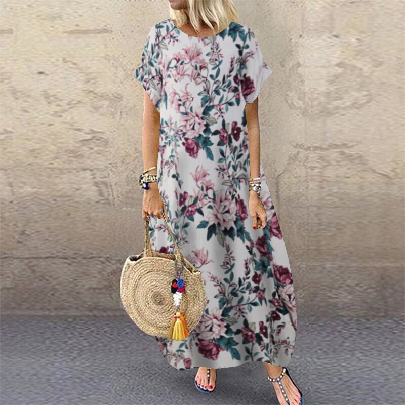 Women's ZANZEA Summer Bohemian Long, Short Sleeve Floral Print Sundress.