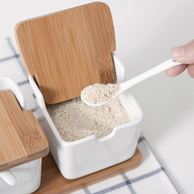 Ceramic Seasoning Porcelain Box With Spoon and Bamboo Cover.