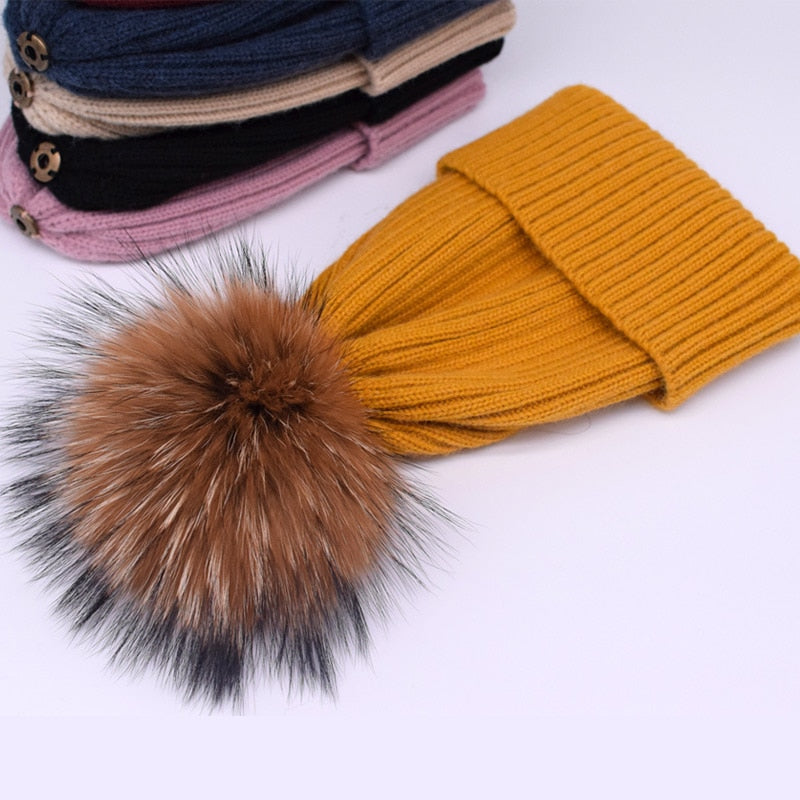 Wool/acrylic, fox fur pompom winter hats.