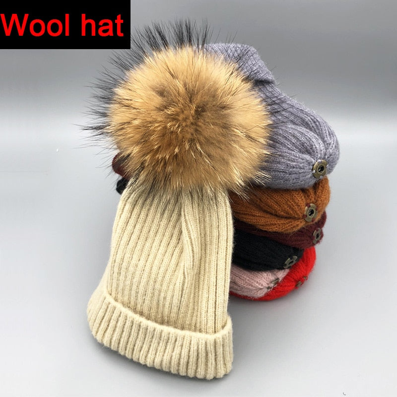 Wool/acrylic, fox fur pompom winter hats.