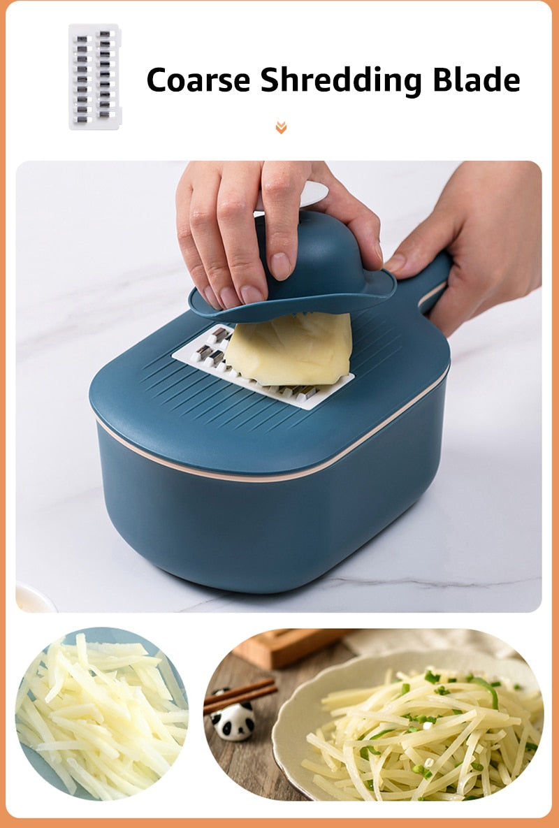 Multi-function Mandoline for Potato, Carrot, Cucumber. This fruit/vegetable tool lets you slice, cut, grate and can be used as a strainer.