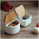 Ceramic Seasoning Porcelain Box With Spoon and Bamboo Cover.