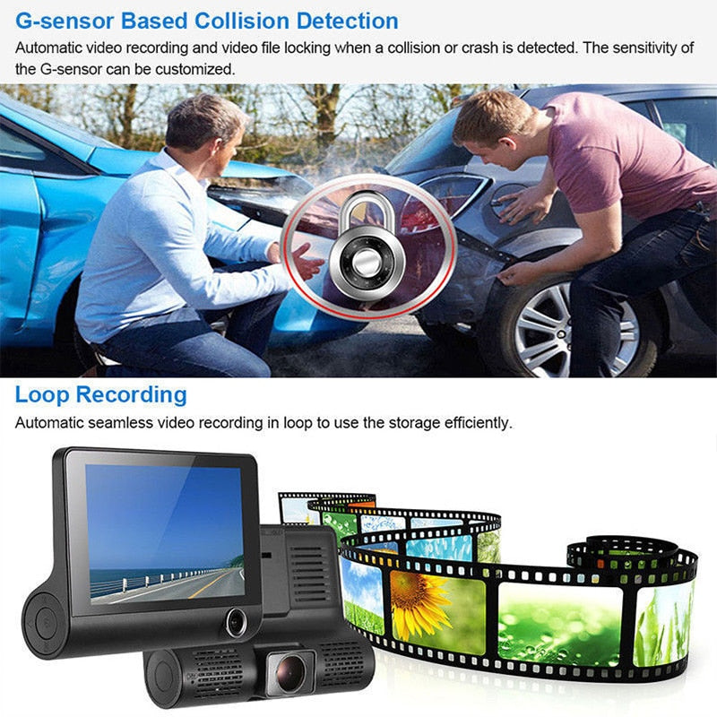 Car DVR 3 Cameras Full HD 1080P Dual Lens. 4.0 inch LCD Screen with 170 Degree Rear view.