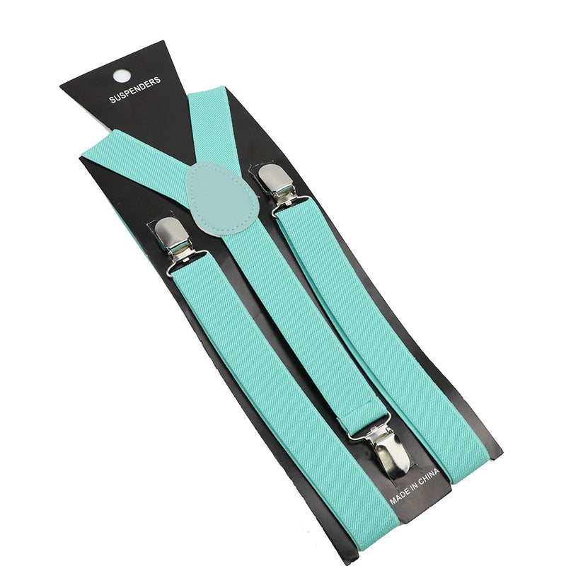 Leather Suspenders With Elastic Adjustable Straps.  Comes in a variety of solid Colors.