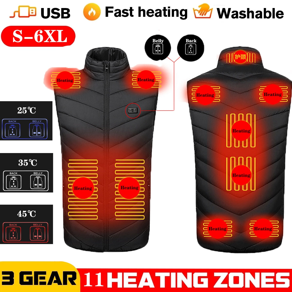 Men's and Women's USB Heated Thermal Vest. Sizes S to 6XL and Up to 17 Heating Zones.