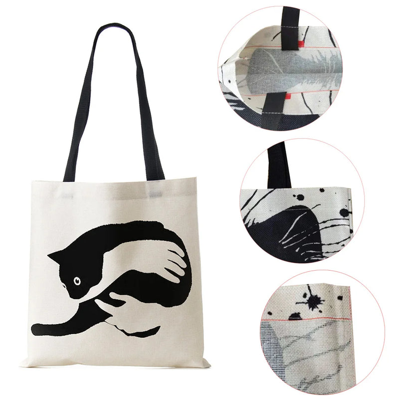 Linen Cat Printed Tote Bags.