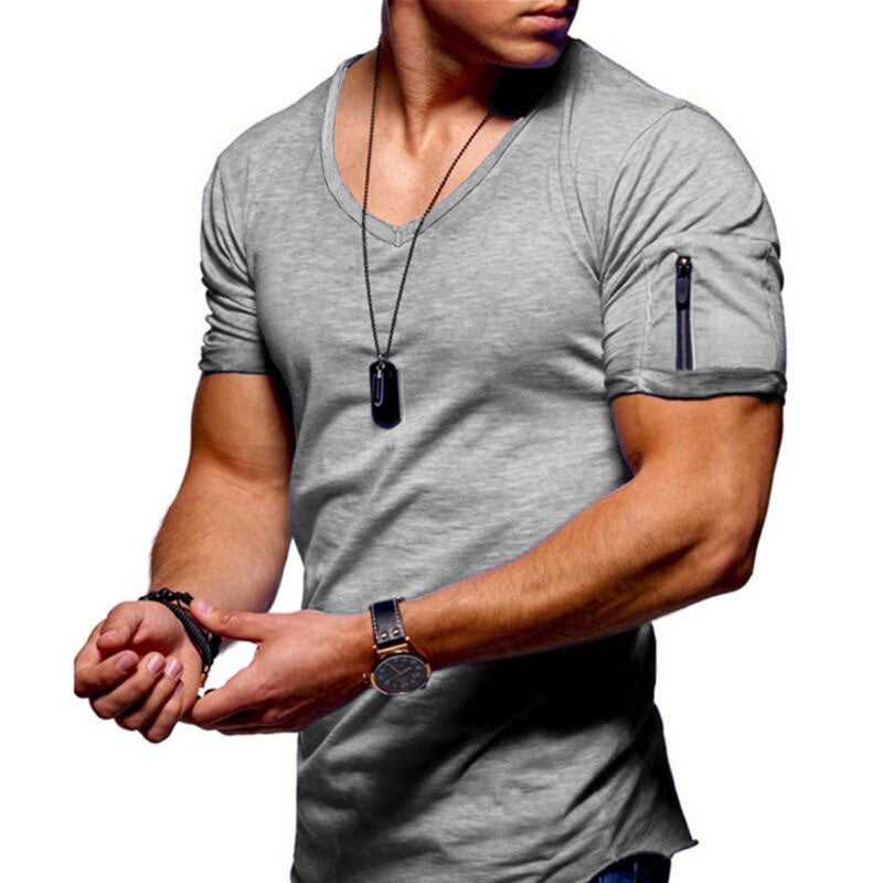 Men's fitness cotton V-neck t-shirt. short-sleeved with a zipper opening.