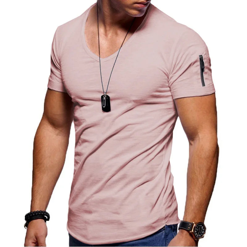 Men's  Short-Sleeved Zipper Casual Cotton V-neck T-shirt