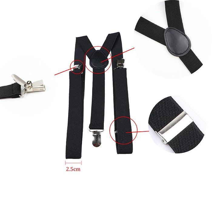 Leather Suspenders With Elastic Adjustable Straps.  Comes in a variety of solid Colors.