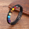 Genuine Black Leather Chakra Men's Bracelet  With 7 Color Natural Yoga Healing Beads.