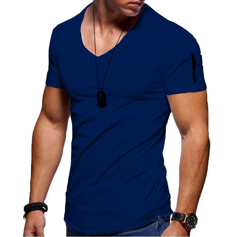 Men's fitness cotton V-neck t-shirt. short-sleeved with a zipper opening.