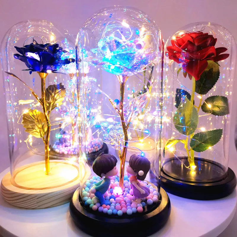 Christmas Or Valentines LED Foil Flower With Fairy String Lights In Enclosed Dome