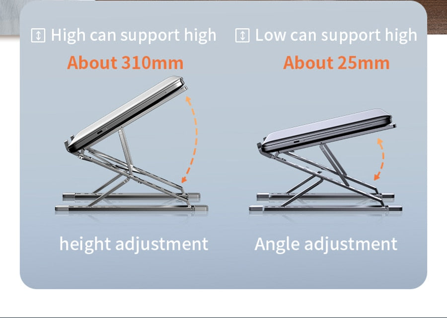 Adjustable Stand For All Notebook Computers. Silicone Anti slip Pads, Foldable With Height Adjustment.