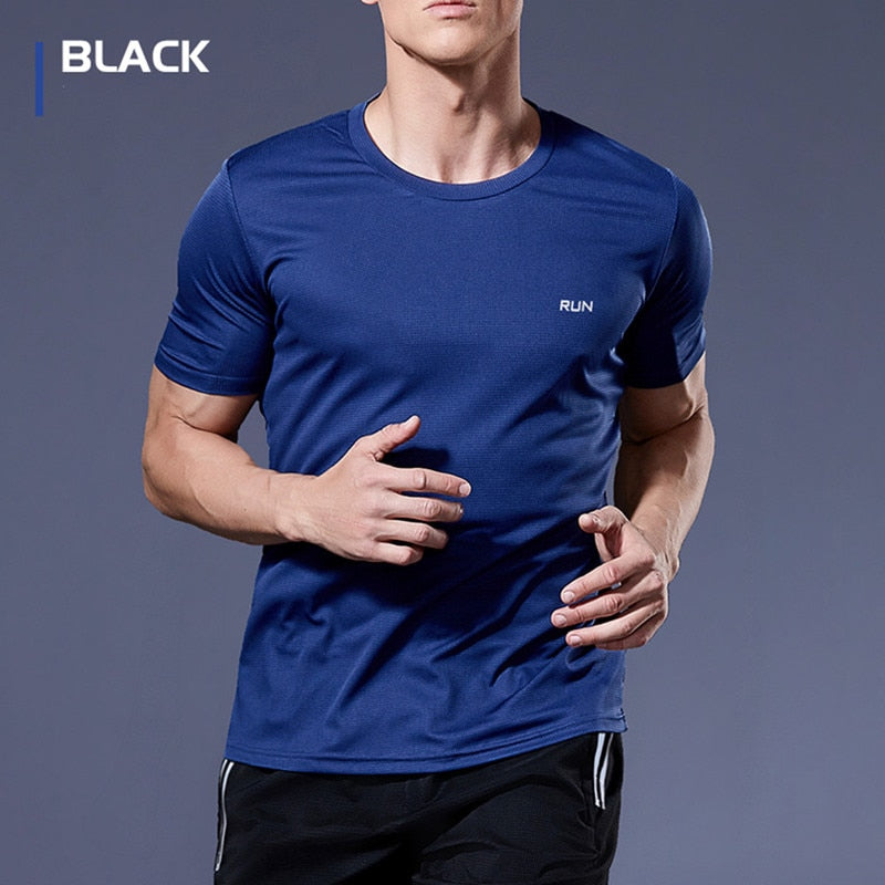 Men's multicolor short sleeve gym shirts. Quick drying, breathable sportswear