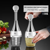 Stainless Steel manual food processor, chops garlic, onions, fruit and vegetables.