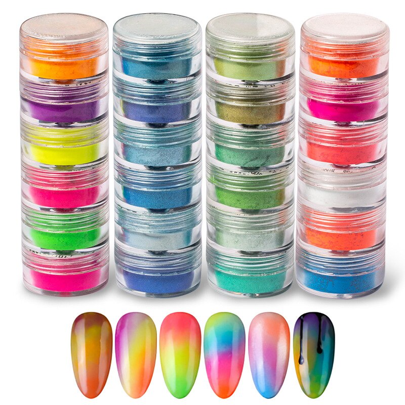 6 Containers of Neon Powder Fluorescence Nail Glitter.