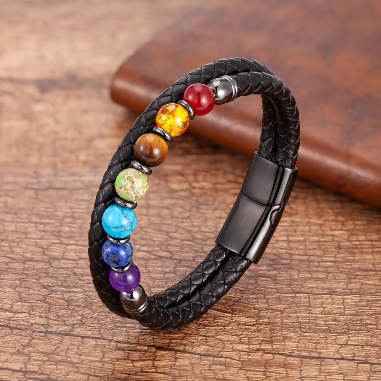 Genuine Black Leather Chakra Men's Bracelet  With 7 Color Natural Yoga Healing Beads.