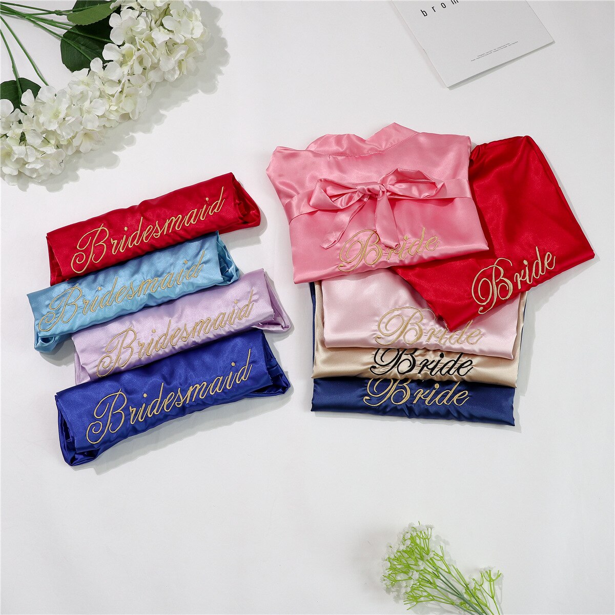 Short satin embroidered Bride and Bridesmaid bathrobe.