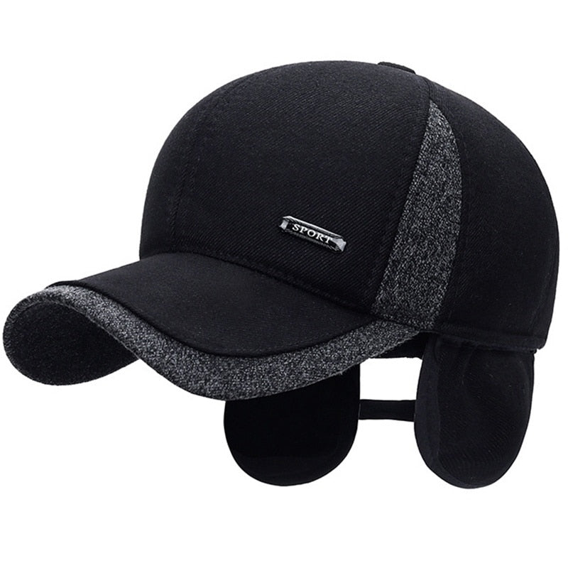 Winter Wool Baseball Cap with snapback Ear Flaps.