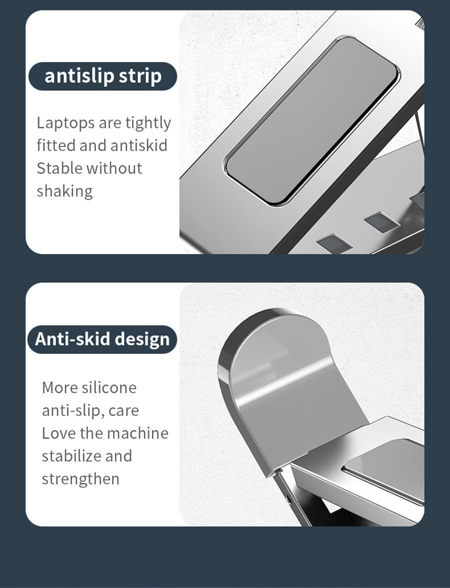 Adjustable Stand For All Notebook Computers. Silicone Anti slip Pads, Foldable With Height Adjustment.