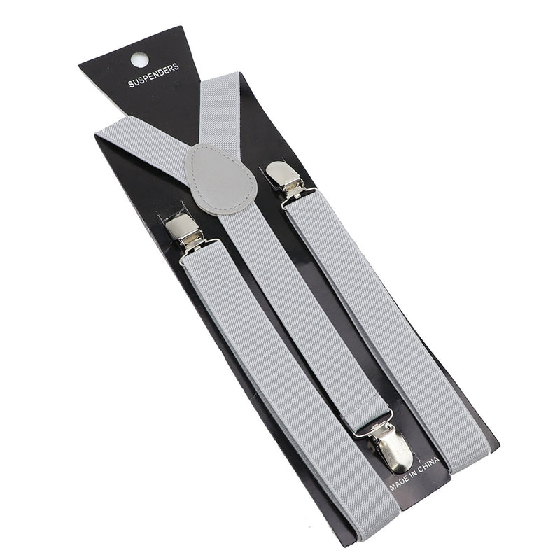 Leather Suspenders With Elastic Adjustable Straps.  Comes in a variety of solid Colors.