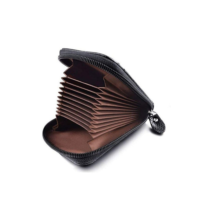 RFID unisex genuine leather business card holder or bank card holder. Secured closer with a zipper.