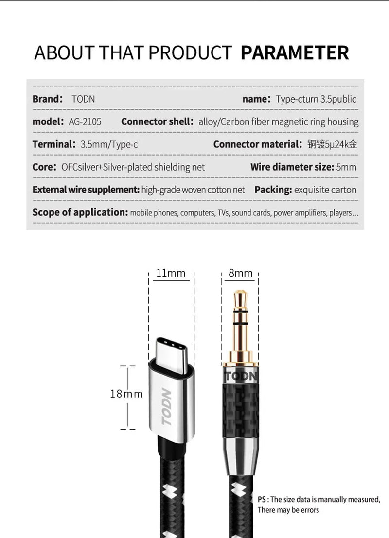 TODN type C to 3.5 mm jack aux audio USB cable silver 32bits/384khz Suitable for car xiaomi, earphones, speaker
