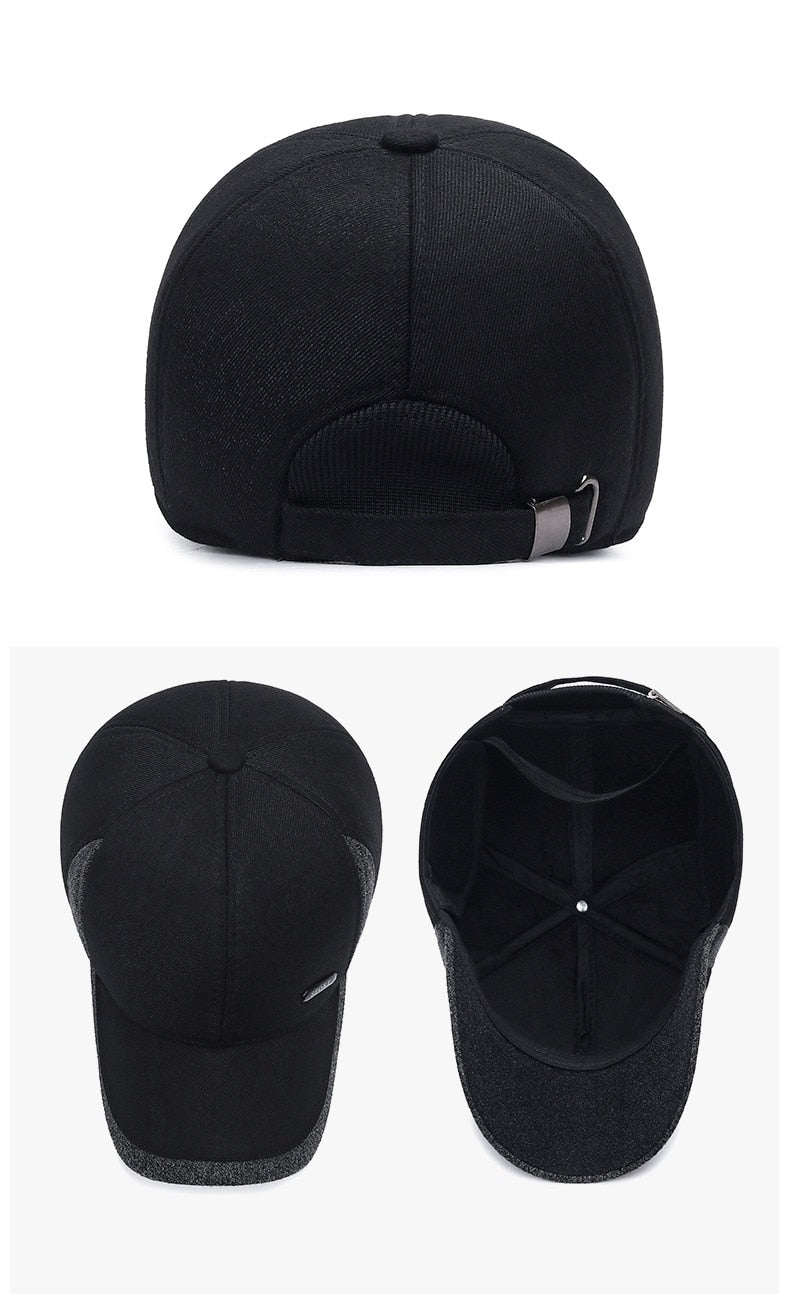 Winter Wool Baseball Cap with snapback Ear Flaps.