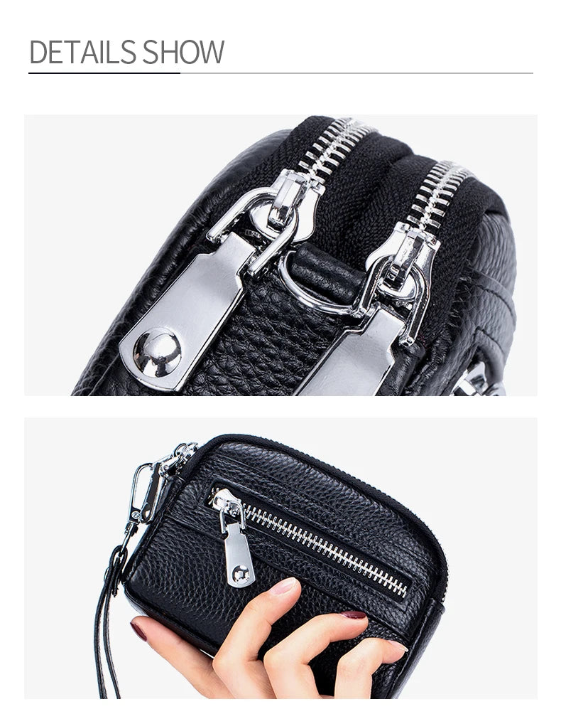Women's Genuine Leather  Double Zipper Purse