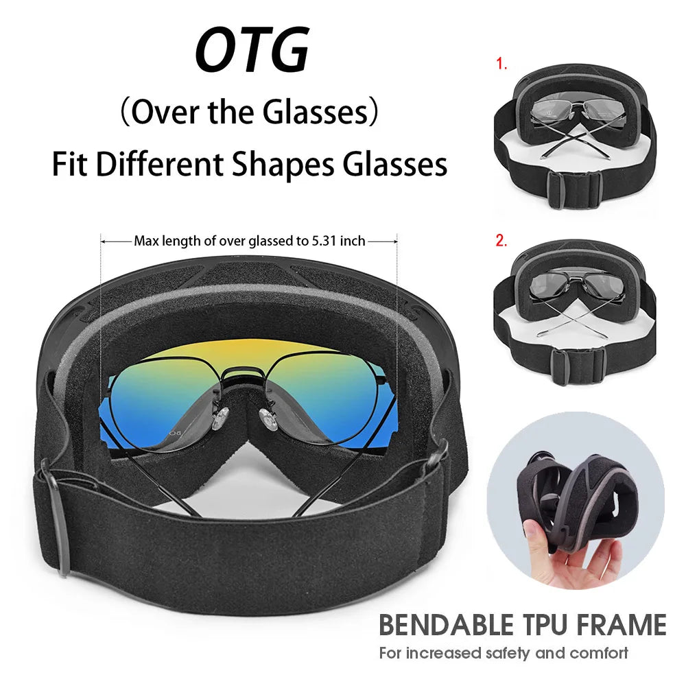 Double Layer, Anti-Fog UV400 Ski Goggles with Case.